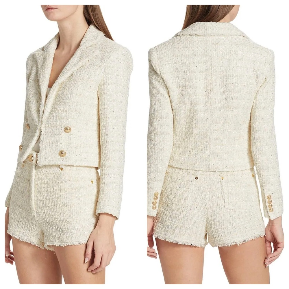 Generation Love Veronica Tweed Blazer Off White Gold Buttons Cropped Jacket M